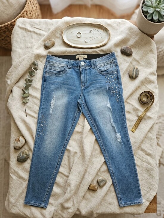 Democracy Denim - ​Democracy "Ab" Technology Distressed Embellished Skinny Jeans - Size 10